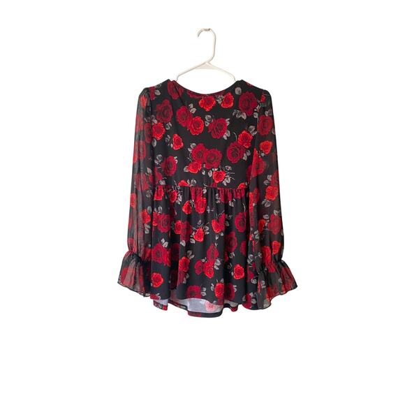 Torrid 1X Black Red Rose Floral Sheer Sleeve Peplum Blouse Romantic Whimsygoth - Picture 2 of 10